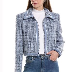 Alice + Olivia Pale Blue Tweed Cropped Blazer with Fringe Trim